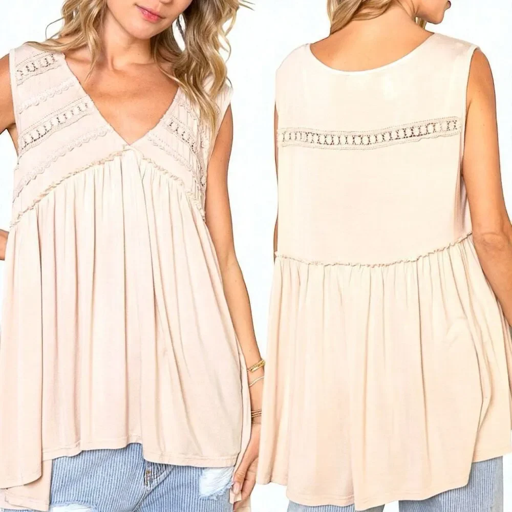POL Tank Beige Lace Trim Boho Babydoll Sleeveless Top Ruffle Raw Edge Detail NEW - Picture 6 of 13